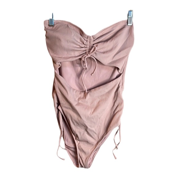 Aerie Sz Large Ribbed Cut Out One Piece Swimsuit Pastel Powder Petal Pink - Picture 3 of 10